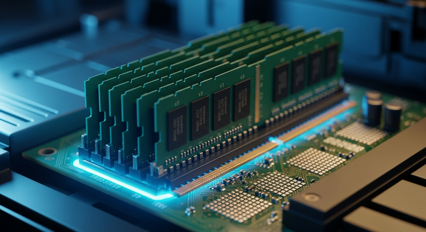 DRAM and high-bandwidth memory chips on a circuit board inside an AI server