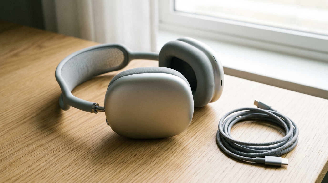 AirPods Max 2 review: over-ear headphones with plain aluminum cups and a mesh headband on a desk beside a USB-C cable