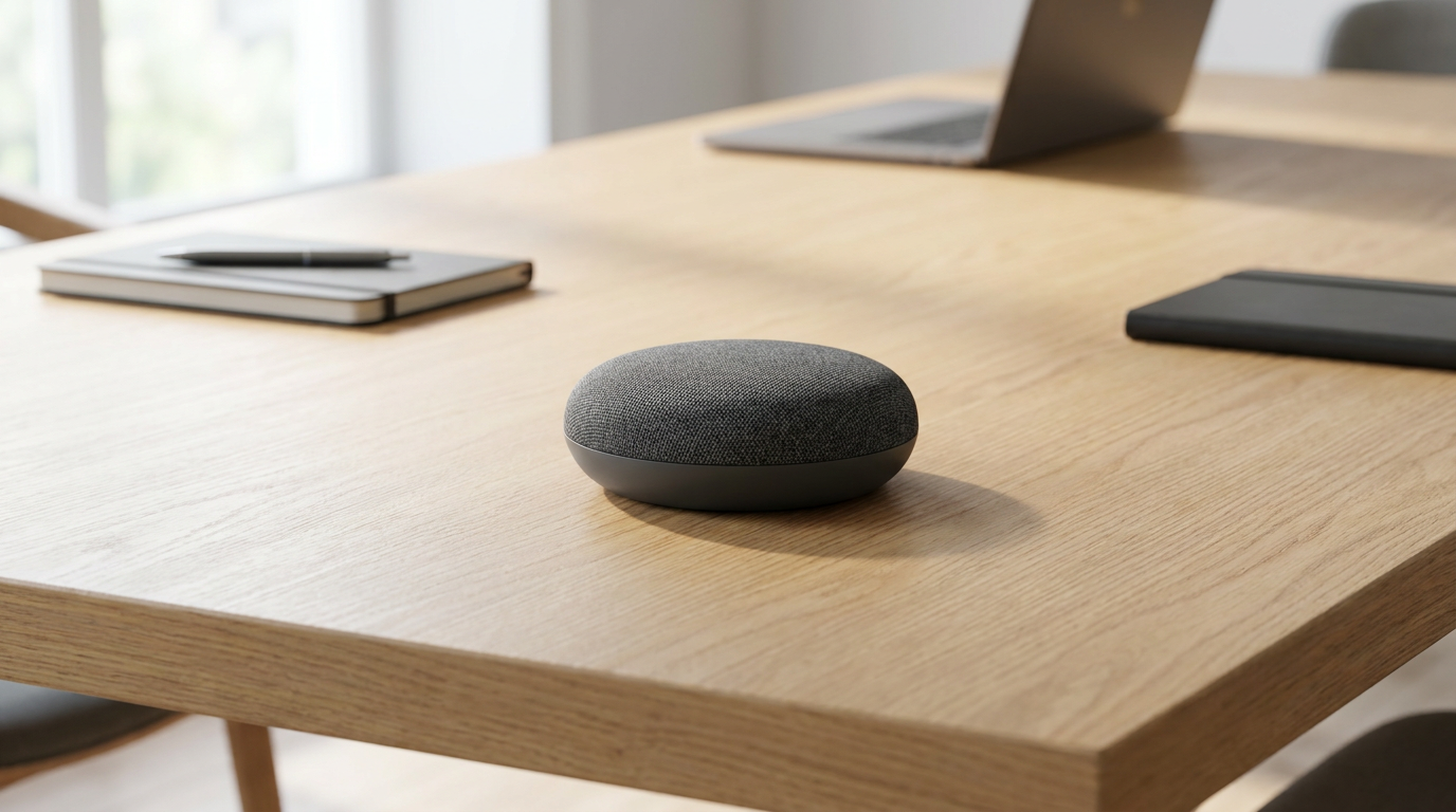 Bluetooth speaker with microphone, a round fabric-topped speakerphone centred on an oak meeting table beside a laptop
