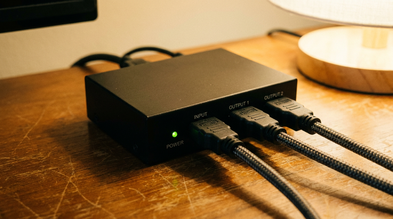 HDMI splitter with one input and two output HDMI cables connected on a wooden TV cabinet