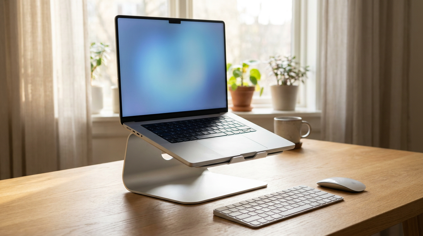 Adjustable aluminum laptop stand raising an open laptop to eye level on a wooden desk with an external keyboard and mouse