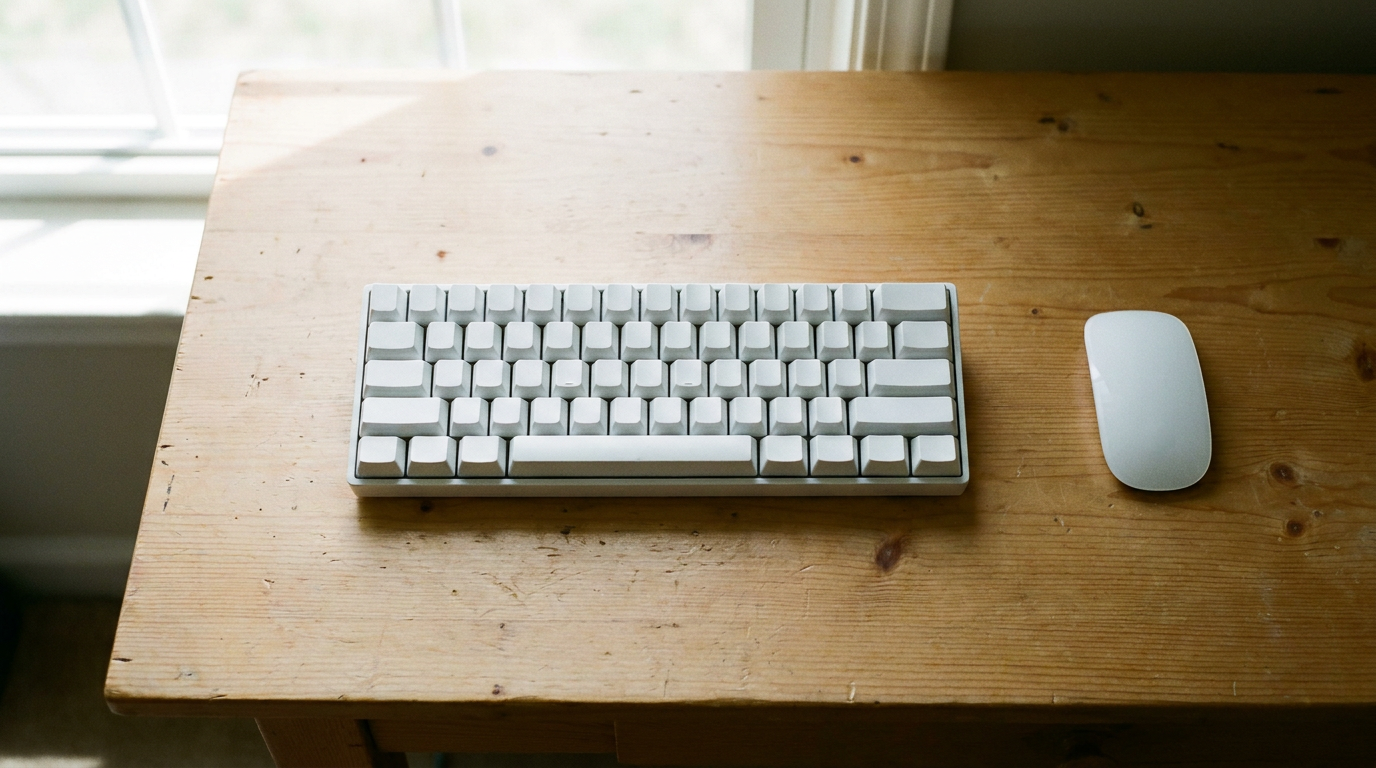 60 percent mechanical keyboard with blank keycaps on a wooden desk, no function row or arrow keys, with wide mouse space beside it