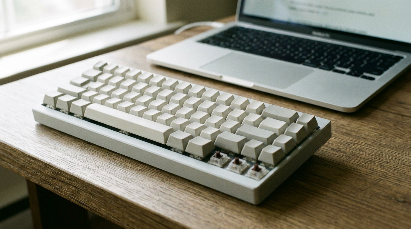 Mechanical keyboard for Mac with pale keycaps on a wooden desk beside an aluminum laptop