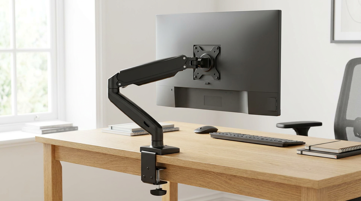 Monitor arm desk mount with a C-clamp gripping an oak desk edge, holding a 27 inch monitor by its VESA plate
