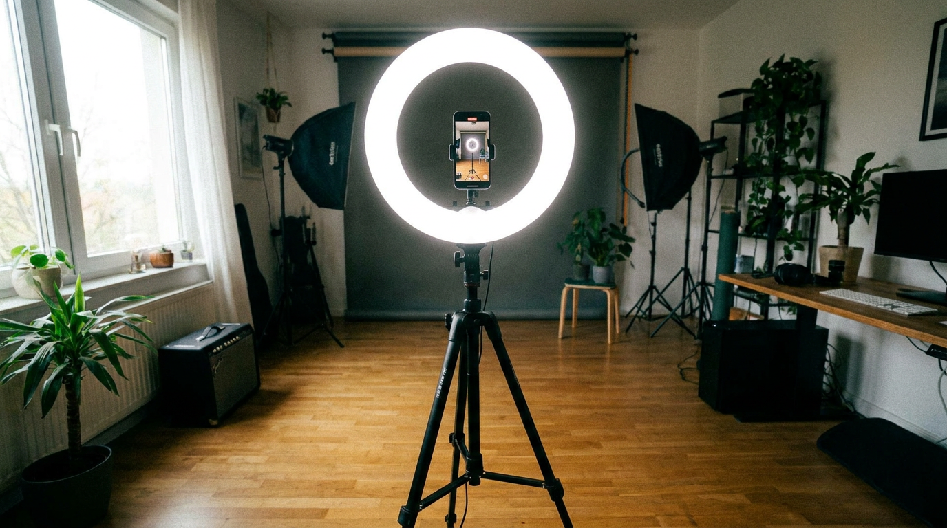 Ring light with stand on an aluminum tripod in a home studio with a smartphone in the center