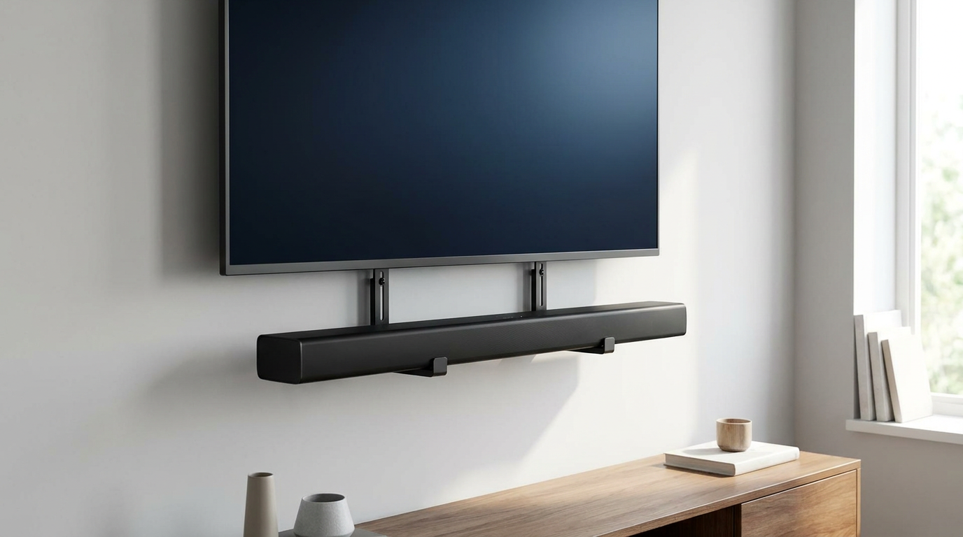 TV soundbar mount holding a black soundbar under a wall-mounted flat screen TV with two bracket arms