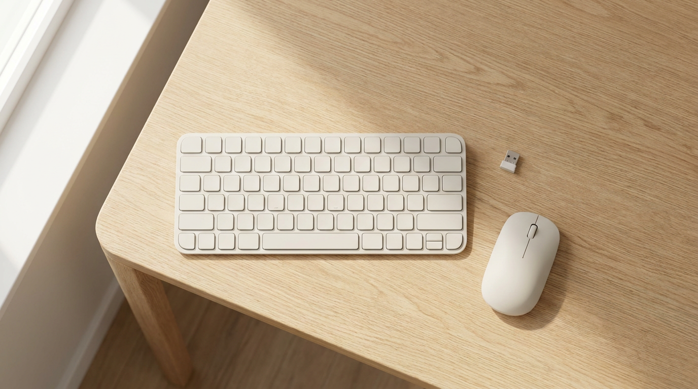 Wireless mouse and keyboard combo with a small USB receiver on a light wooden desk