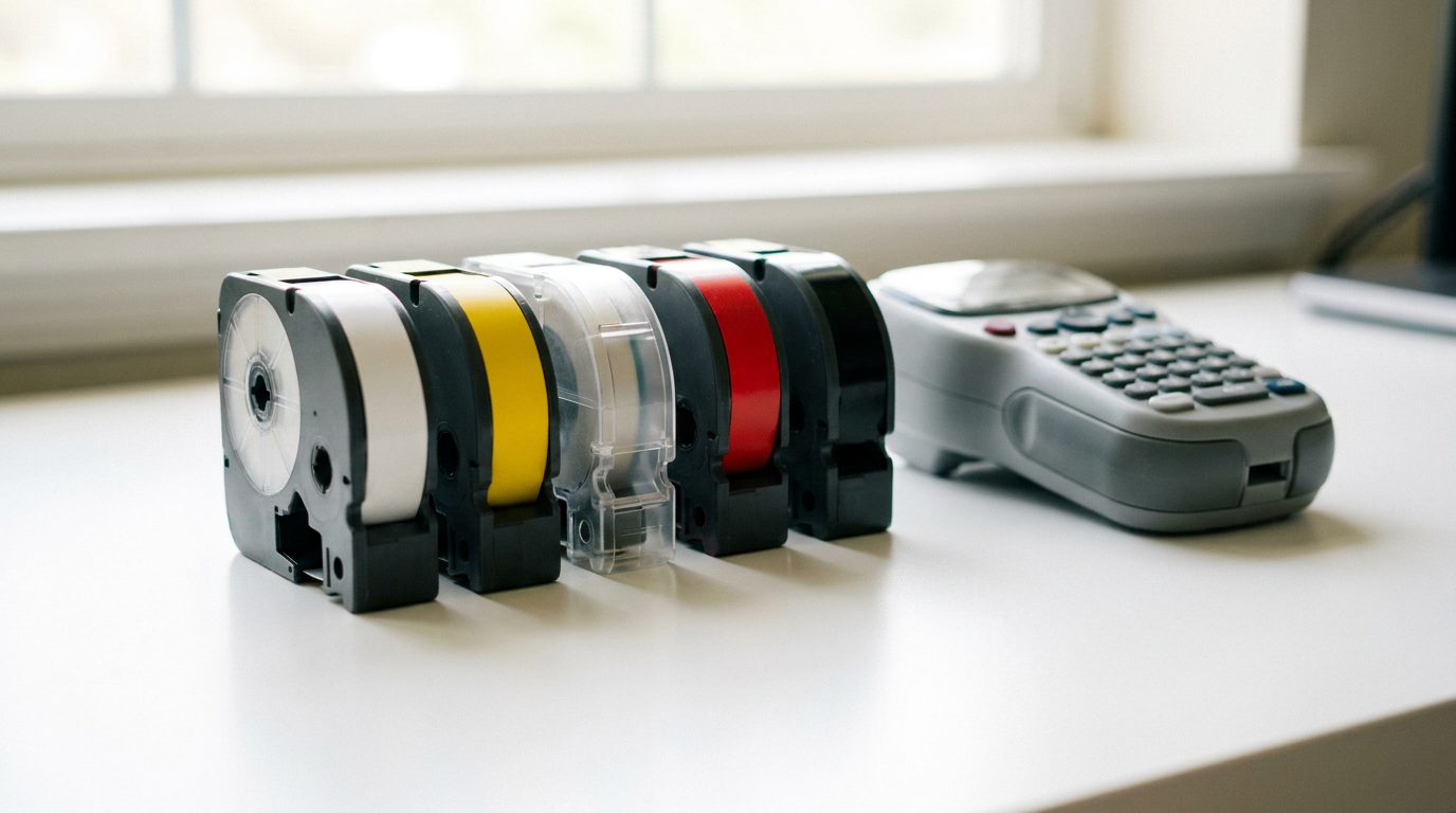 Label maker tape cassettes in several widths and colours lined up on a white desk beside a handheld label maker