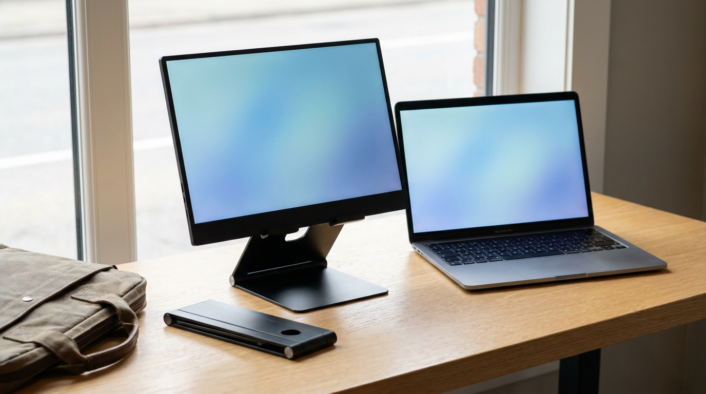 Portable monitor stand holding a 15 inch portable monitor beside a laptop, with a second stand folded flat for travel