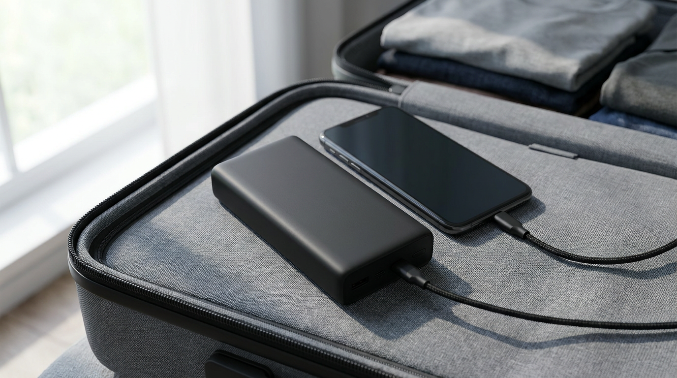 20000mAh power bank charging a smartphone on an open carry-on suitcase