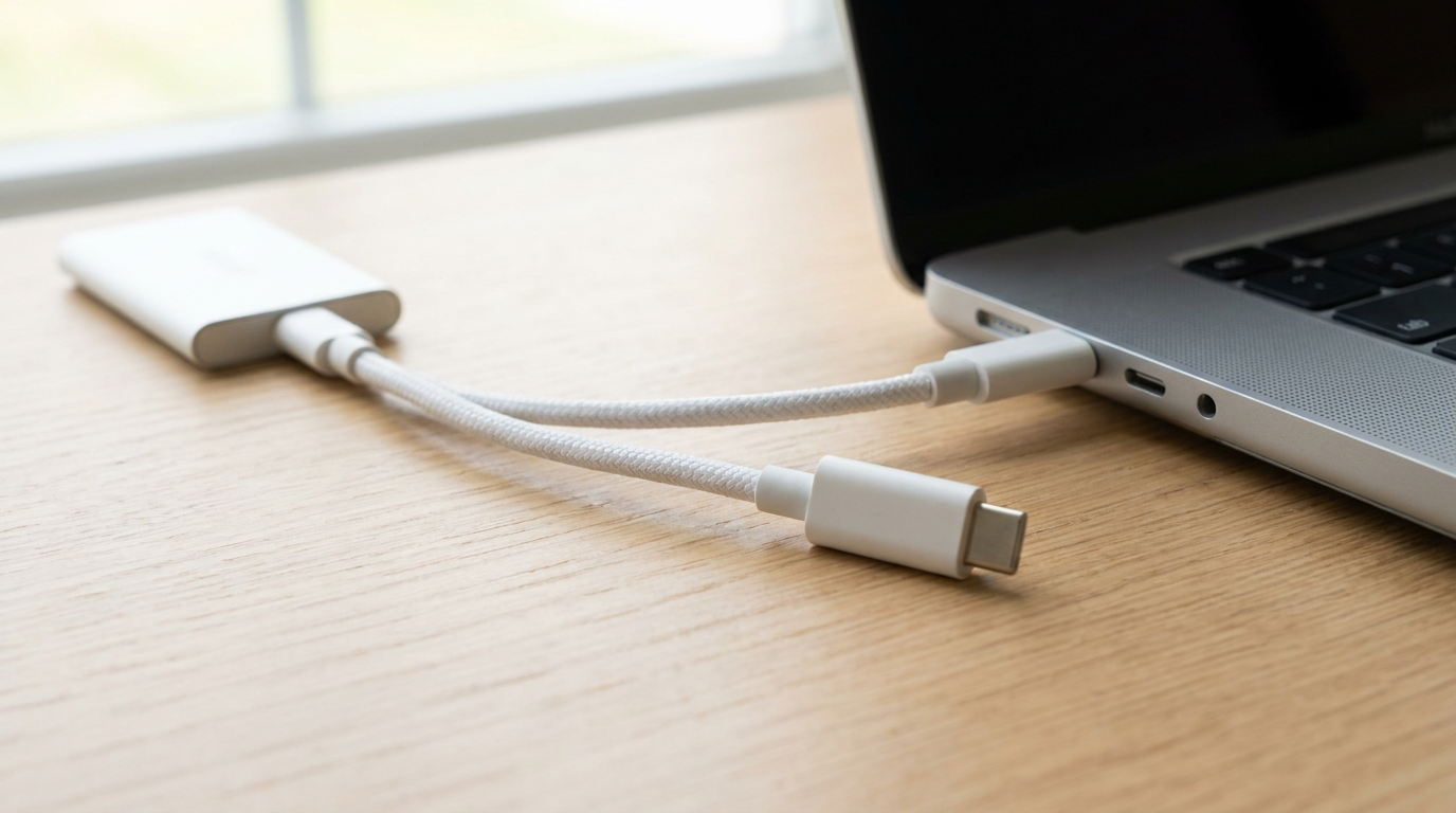 White USB-C extension cable linking a laptop to an external SSD on a wooden desk
